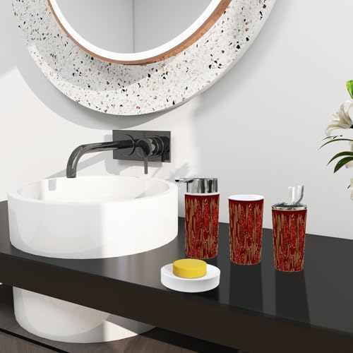 Boho Peony Bathroom Accessory Set 6 Piece Dark Red