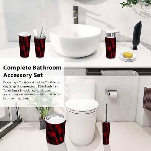Boho Plaid Tartan Bathroom Accessories Set 6 Piece