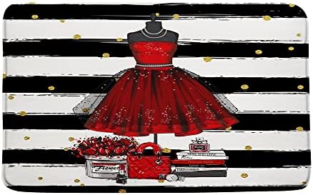Red Girly Bath Mat With Black and White Stripes