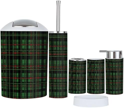 Boho Green Tartan Plaid 6-Piece Bathroom Accessory Set