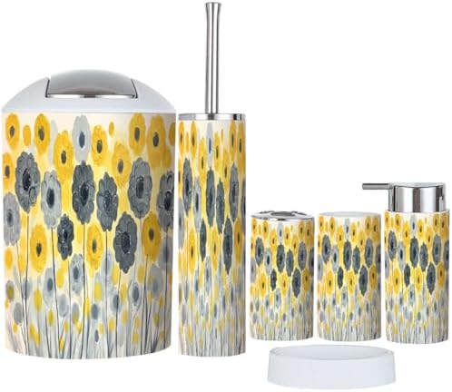 Boho Abstract Trash Can Set 6 Piece Bathroom Accessories