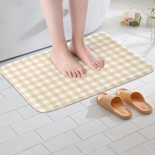 Erosebridal Khaki White Plaid Modern Bath Mat 16x24