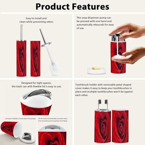 TRANQDEHOM 6-Piece Boho Red Rose Bathroom Accessory Set