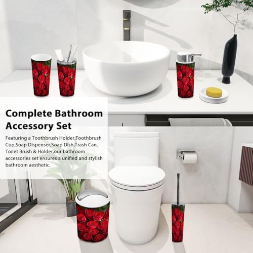 Boho 6 Piece Bathroom Accessory Set with Red Roses Design