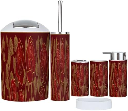 Boho Peony Bathroom Accessory Set 6 Piece Dark Red