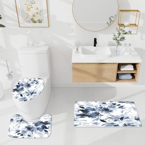 Litabel 4 Pcs Navy Floral Shower Curtain Set with Rug and Bath Mat