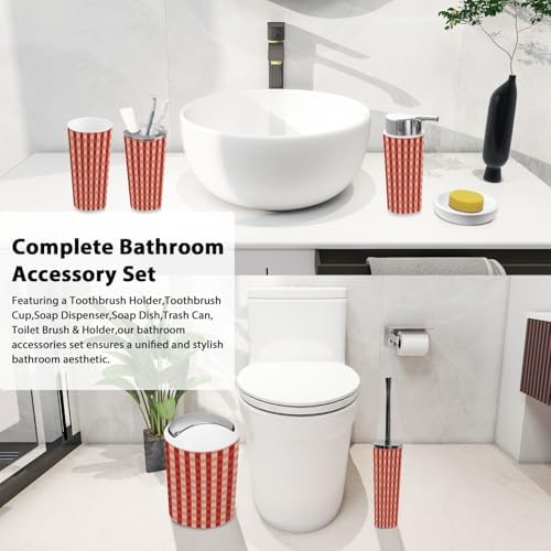 Boho Red Gingham Bathroom Accessories Set 6 Piece