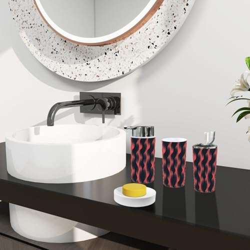Boho Bathroom Accessory Set 6 Piece Trendy Red Black Abstract