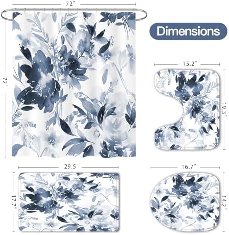 Litabel 4 Pcs Navy Floral Shower Curtain Set with Rug and Bath Mat
