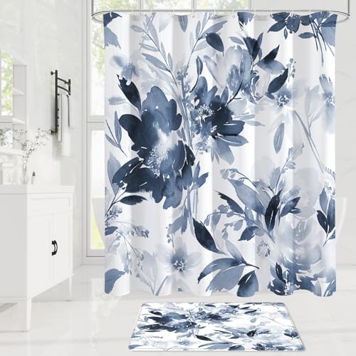 Litabel 4 Pcs Navy Floral Shower Curtain Set with Rug and Bath Mat