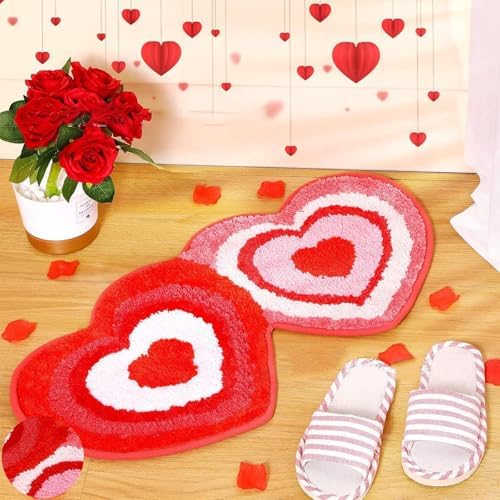 Valentines Day Heart Shaped Bath Mat - Pink Non Slip Cute Room Decor