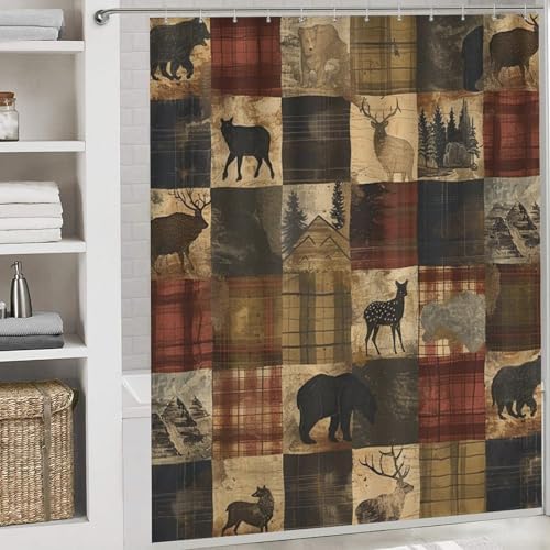4Pcs Farmhouse Elk Deer Shower Curtain Set with Rug and Liner