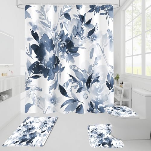 Litabel 4 Pcs Navy Floral Shower Curtain Set with Rug and Bath Mat