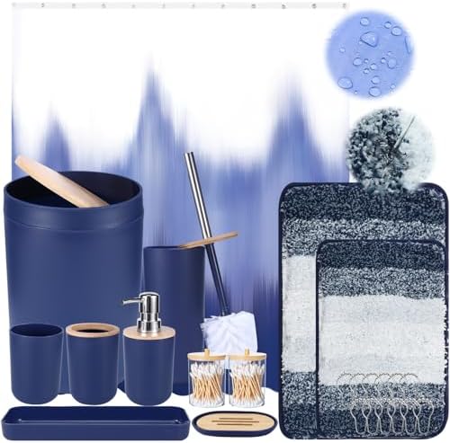 iMucci Navy Blue Bathroom Set with Shower Curtain and Rug 1