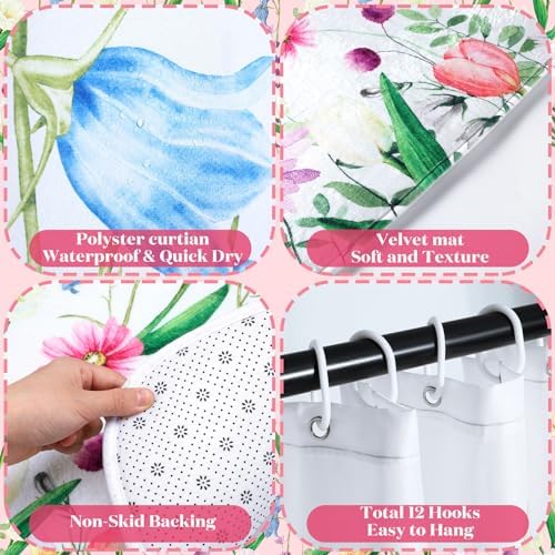 Newwiee 7 Pcs Flower Bathroom Set with Mats and Towels