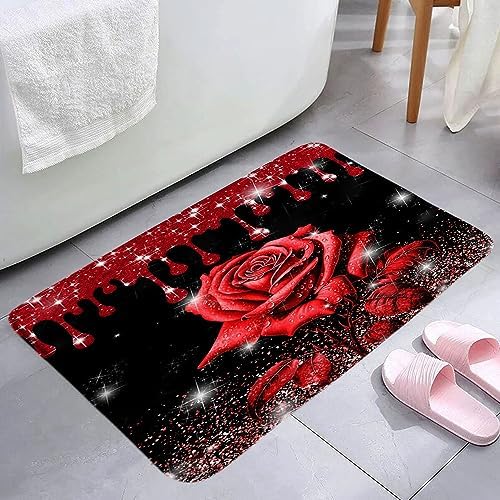 Red Rose Bath Mat with Shiny Roses Design 1