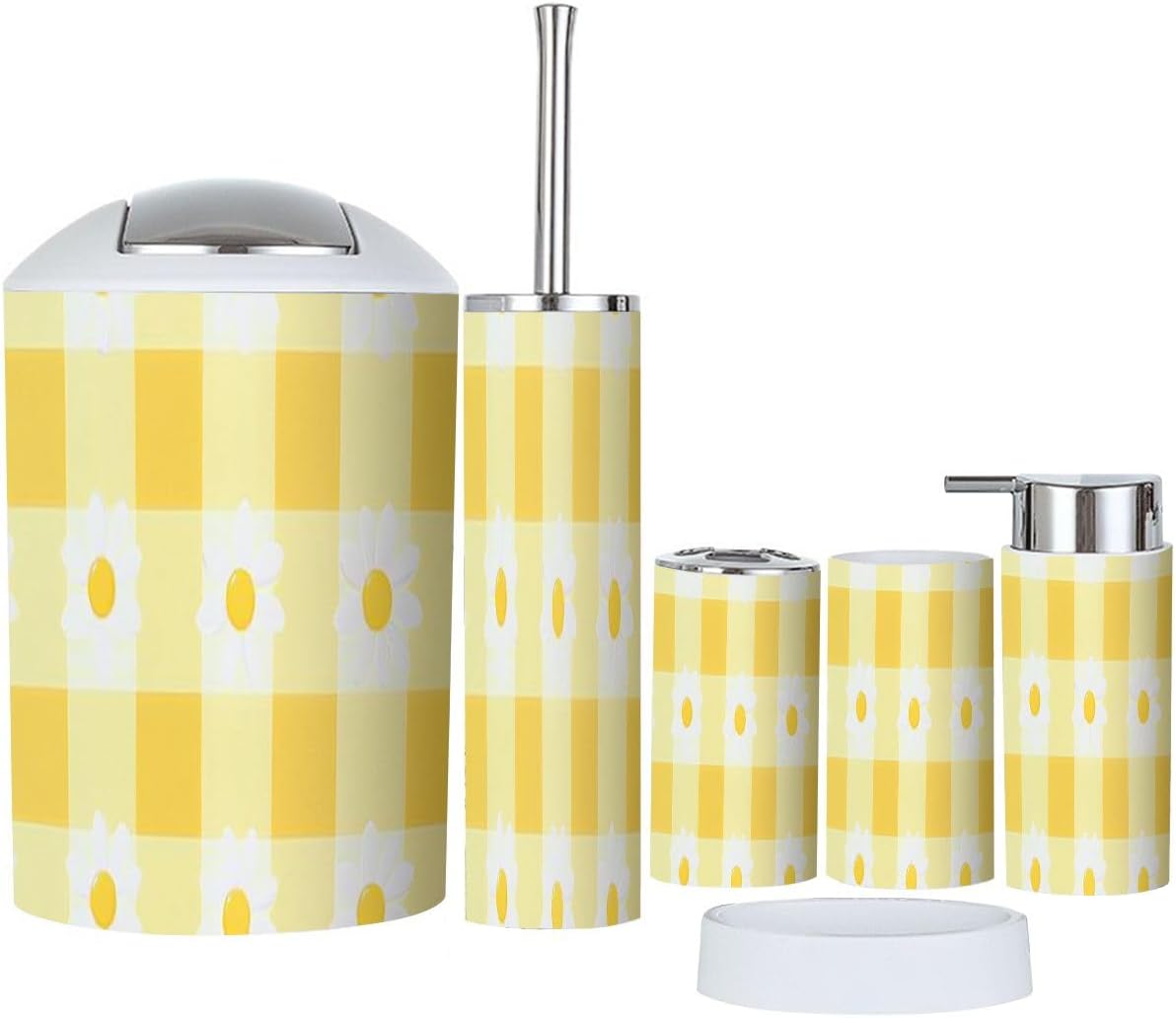 Boho Bathroom Accessory Set 6 Pieces White and Yellow