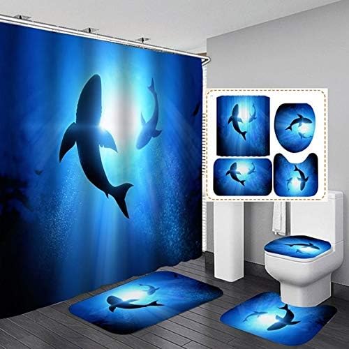 4PCS Fantasy Shark Bath Set Waterproof Curtain Non-Slip Rugs Blue Shark Design Kids Decor