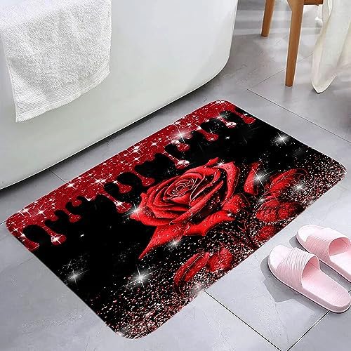 Red Rose Bath Mat with Shiny Roses Design