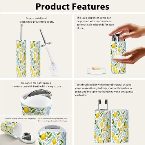 Boho Bathroom Accessory Set of 6 Pieces Yellow Lemon Fruits Floral