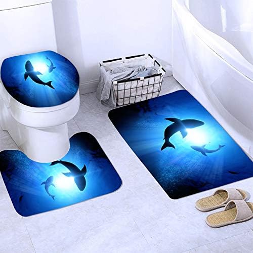 4PCS Fantasy Shark Bath Set Waterproof Curtain Non-Slip Rugs Blue Shark Design Kids Decor