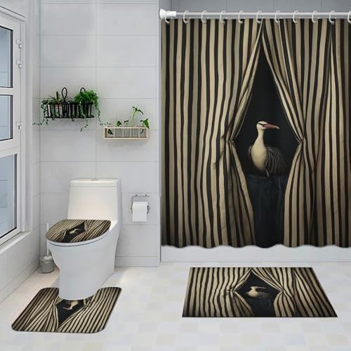 GUBIYU 4PCS Funny Animal Shower Curtain Set with Rug
