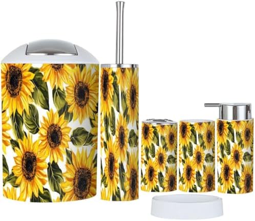 Boho Bathroom Accessories Set 6 Pieces White Sunflowers Design