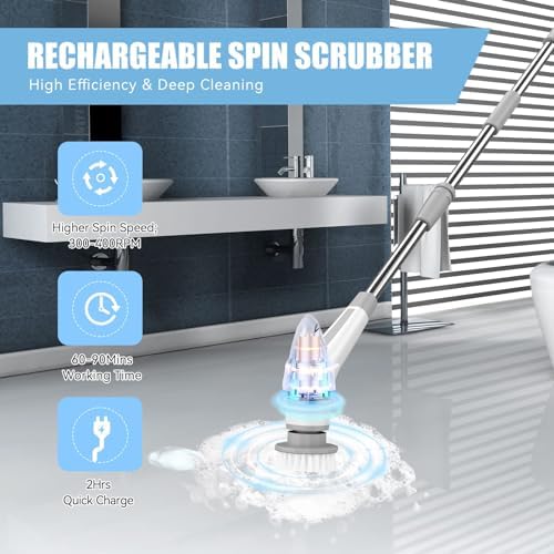 Lovawing Electric Spin Scrubber with 2 Speeds and 48 Inch Extension Arm