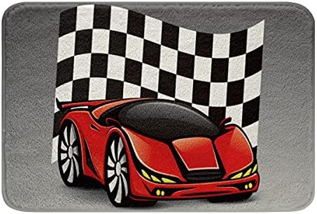 Race Car Bath Mat with Non-Slip Backing Grey Red 16x24 Inches