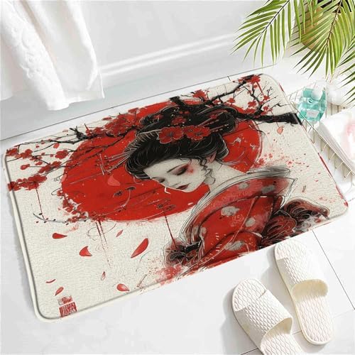 SATRTUD Japanese Geisha Bath Mat with Cherry Blossoms Design