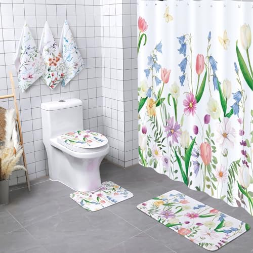 Newwiee 7 Pcs Flower Bathroom Set with Mats and Towels