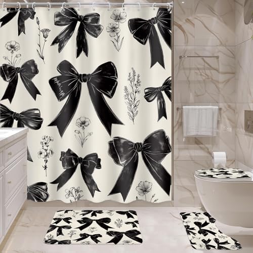 Ufeela 4 PCS Black Bow Shower Curtain Set
