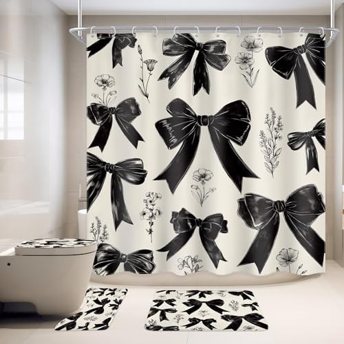 Ufeela 4 PCS Black Bow Shower Curtain Set