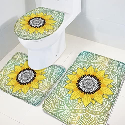 YESOF66 3 Piece Bathroom Rug Set with Mandala Sunflower Pattern Green Non-Slip Mats 1