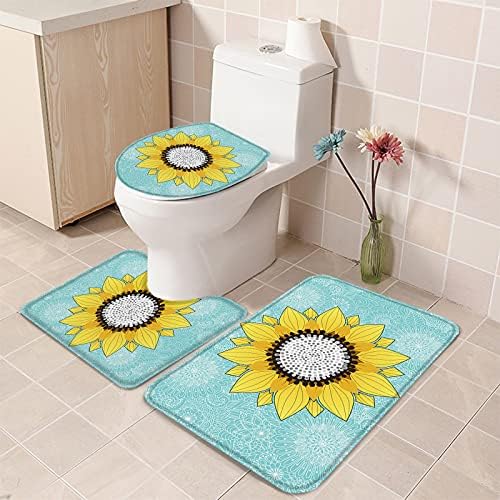 3 Piece Bathroom Rug Set with Mandala Sunflower Pattern