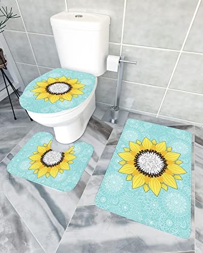 3 Piece Bathroom Rug Set with Mandala Sunflower Pattern
