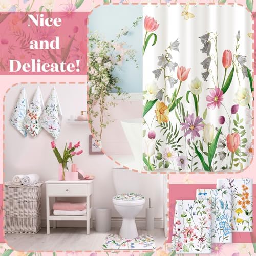 Newwiee 7 Pcs Flower Bathroom Set with Mats and Towels