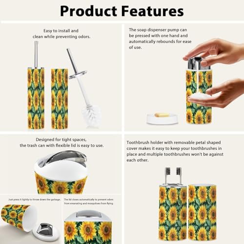 Boho Floral Sunflowers Bathroom Accessories Set 6 Piece