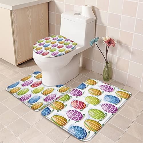 YESOF66 3 Piece Bathroom Rug Set Easter Theme Watercolor Eggs Pattern