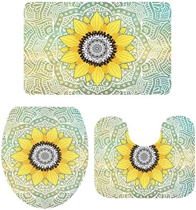 YESOF66 3 Piece Bathroom Rug Set with Mandala Sunflower Pattern Green Non-Slip Mats 1