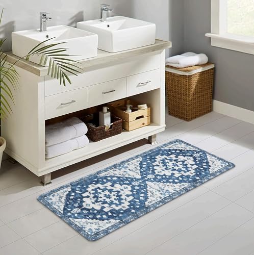 Uphome Boho Bathroom Rug Runner Non-Slip Blue Soft Mat