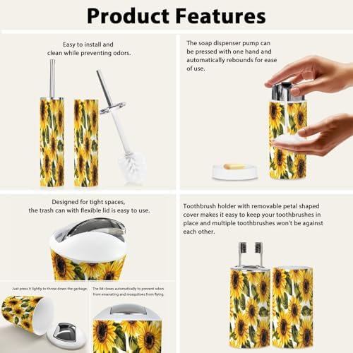 Boho Bathroom Accessories Set 6 Pieces White Sunflowers Design