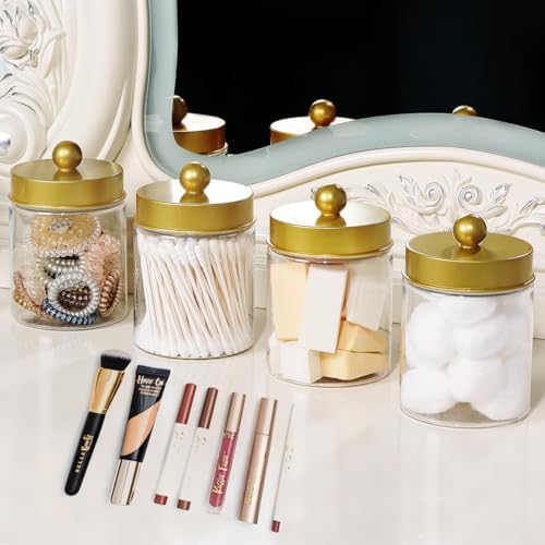Amolliar Q-tip Holder Dispenser - 8oz Plastic Apothecary Jar Set for Bathroom Storage