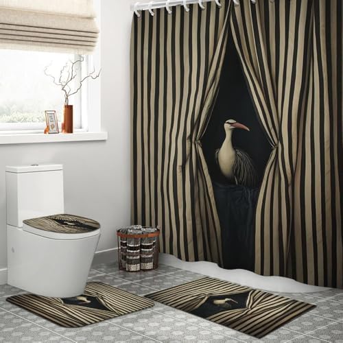 GUBIYU 4PCS Funny Animal Shower Curtain Set with Rug