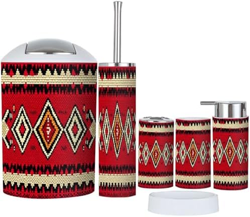 Boho Bathroom Accessory Set 6 Piece Red Black Wool