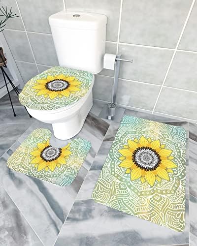 YESOF66 3 Piece Bathroom Rug Set with Mandala Sunflower Pattern Green Non-Slip Mats 1