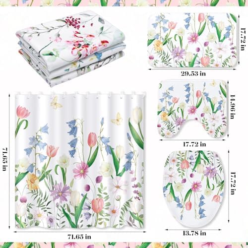 Newwiee 7 Pcs Flower Bathroom Set with Mats and Towels