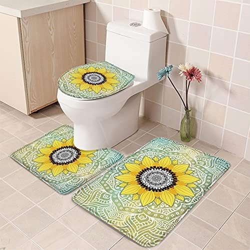 YESOF66 3 Piece Bathroom Rug Set with Mandala Sunflower Pattern Green Non-Slip Mats 1