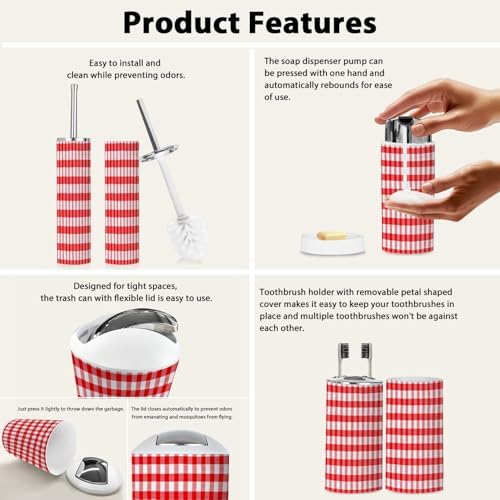Boho Red Gingham Bathroom Accessory Set 6 Piece