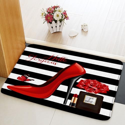 Black White Stripe Geometric Bath Mat 16x24 Inch